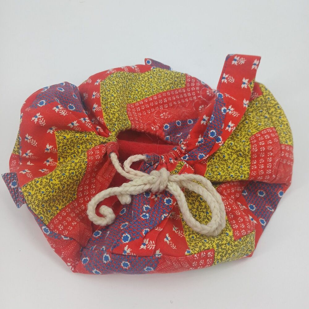 homemade drawstring makeup bag round tie closure handmade red purple casual